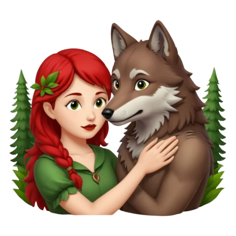 Caperucita roja acariciando la cabeza de un lobo macho en un bosque sticker