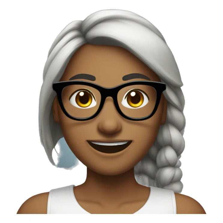 female, bangs on ponytail, black hair, black glasses, cute smile, note, white skin sticker