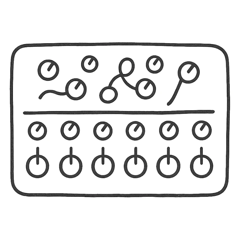 A black synthesizer without keys, featuring a row of eight knobs at the bottom, each with two smaller knobs above them, and a chaotic arrangement of six knobs at the top sticker