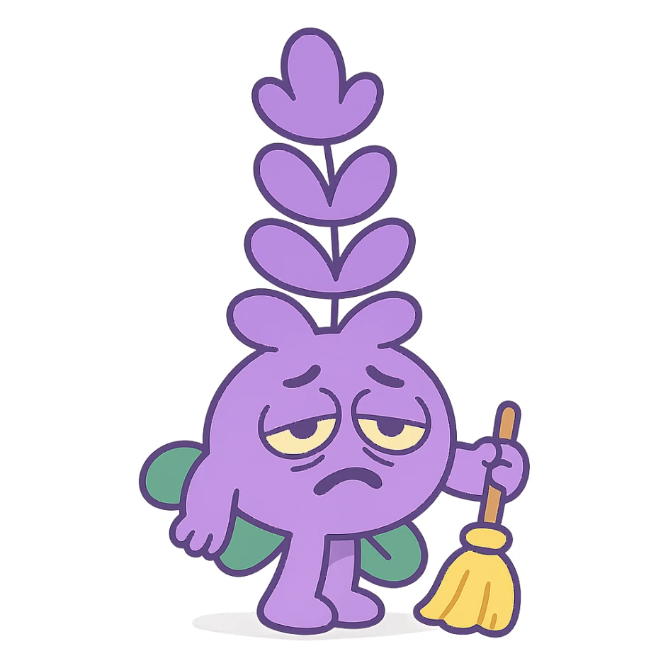 chubby lavender-colored lavender flower character with droopy eyes and a tired face, holding a tiny broom, pastel-toon style sticker