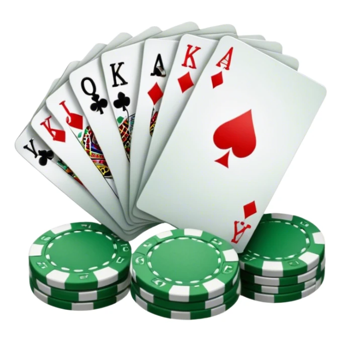 A photorealistic icon featuring playing cards and a stack of poker chips on a green felt table. Bright, detailed design with realistic textures and lighting. Transparent background, clearly symbolizing card games and strategy. sticker