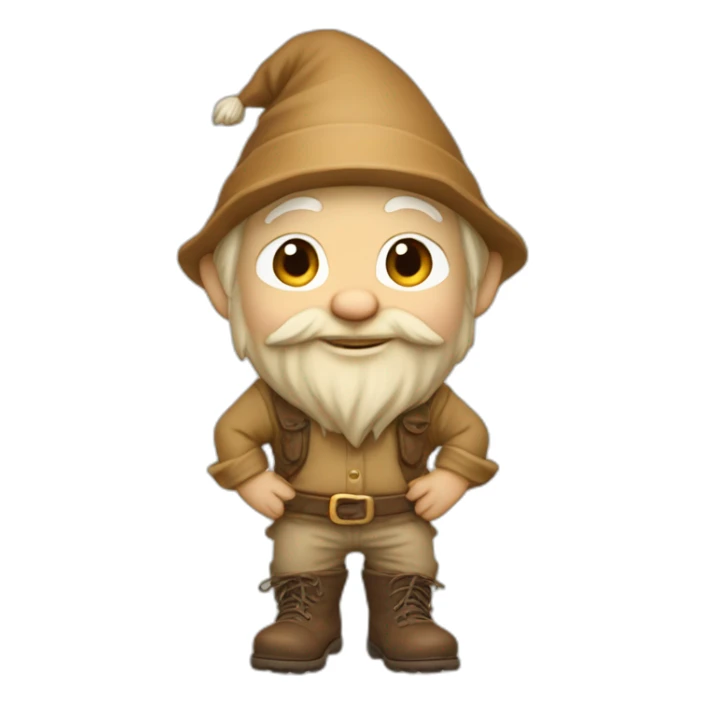 side angle of gnome with light tan pants and light tan boots squatting on top of small brown log sticker