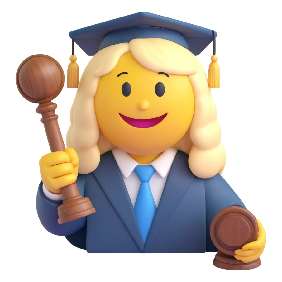 3D smiley emoji, round shape, judge wig and gavel, smiling face sticker