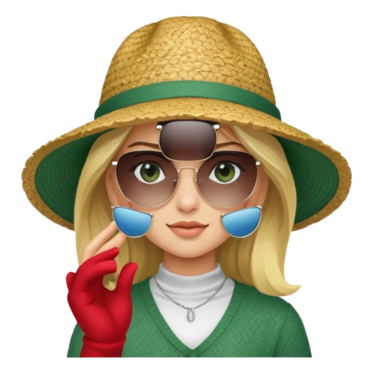 blonde girl in dark green straw hat adjusting sunglasses sticker