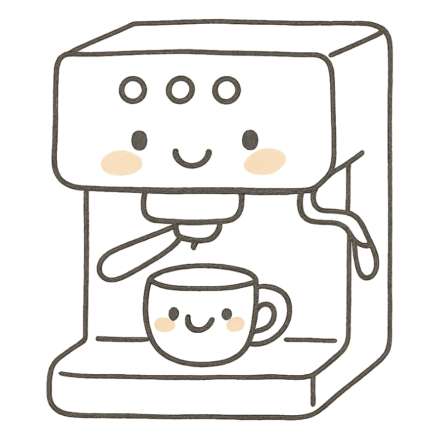 kawaii coffee machine, full body, blushing cheeks, soft pastel colors, hand-drawn style sticker