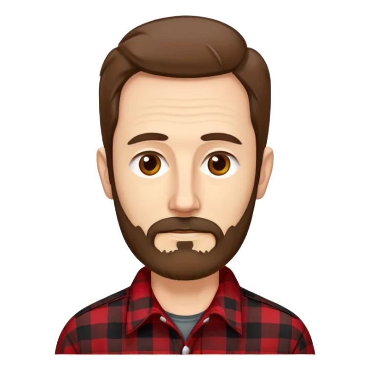 Thin man in his 50s with light complexion. Narrow face with pronounced cheekbones. Unkempt brown hair sticking up in places. Scruffy, uneven brown beard. Wearing a red and black checkered flannel shirt that hangs loosely on his lean body. sticker