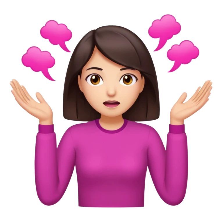 Social media manager. She has dark brown hair, brown eyes, exhaling deeply, hands slightly raised showing frustration. Use vibrant colors with a focus on pink and fuchsia tone sticker