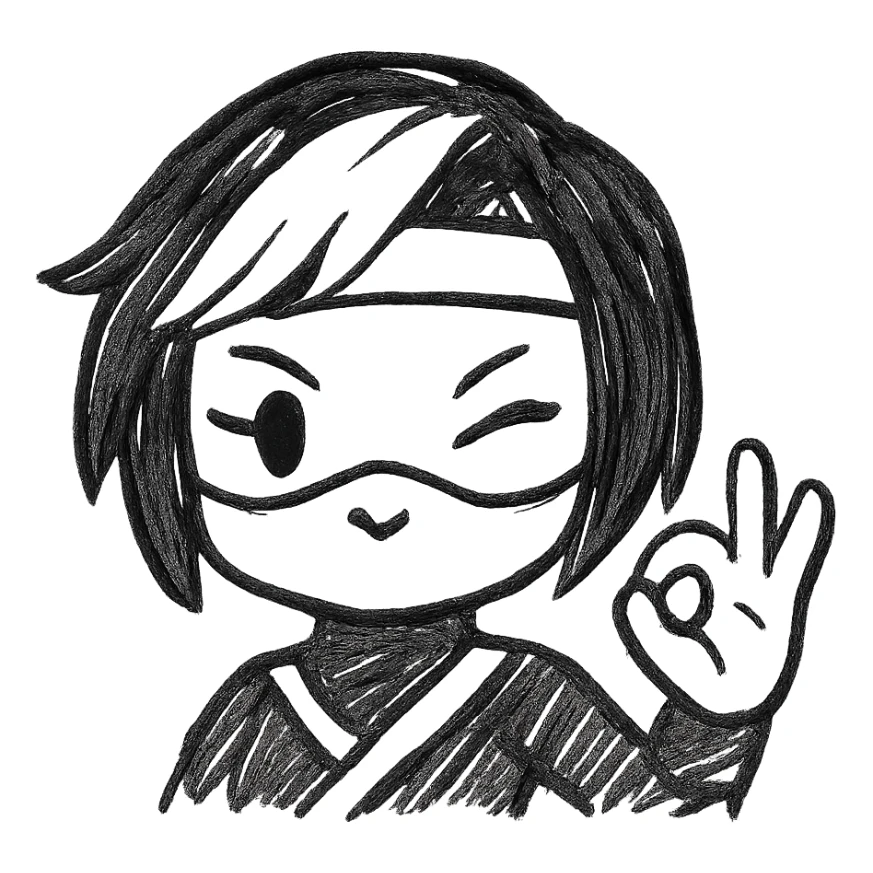 Make the expression even more weird-cute on a sexy chibi ninja girl with black short hair and a blonde streak, only head and arms, making an OK sign with her hand, bold black outlines, transparent background, no mask, one eye winking and mouth in a cat-like :3 shape, sized for Twitch emoji use. sticker