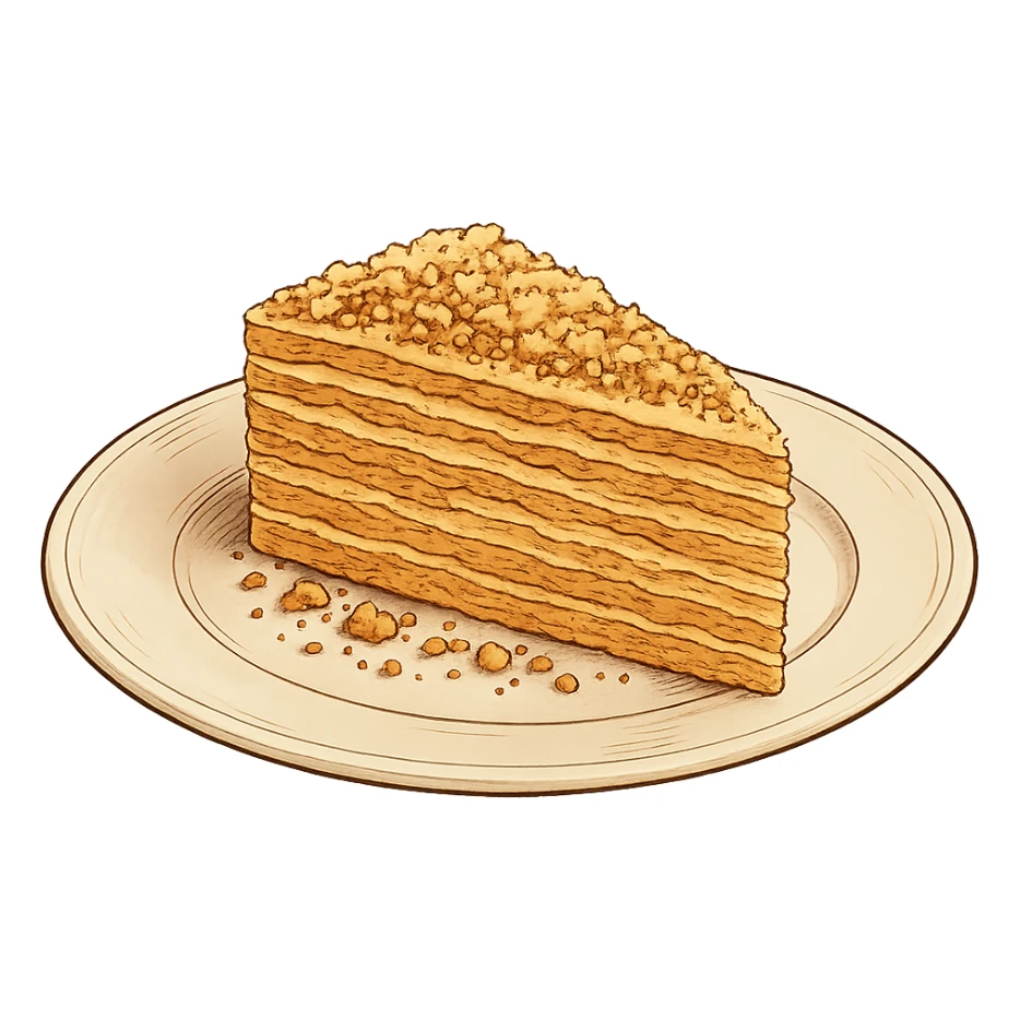 Используя такую стилистику сгенерируй тарелку, на которой лежит кусок торта Наполеон, прозрачный фон sticker