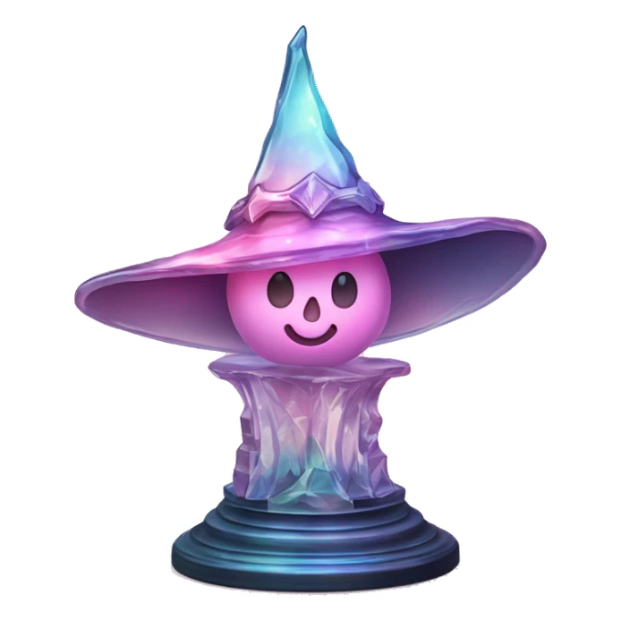 crystal sculpture witch hat with whimsical design. The hat is standing upright on a wooden stand with angular and baroque features. The vibrant midtone tints of pastels and pink highlights the sharp edges and planes.  sticker