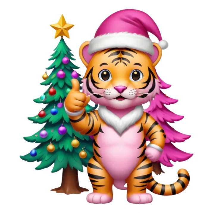 Pink tiger with Santa hat thumbs up, by a brightly lit colorful Christmas tree sticker