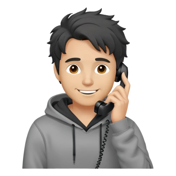a white man with black messy, grey hoodie taking a call, happy sticker