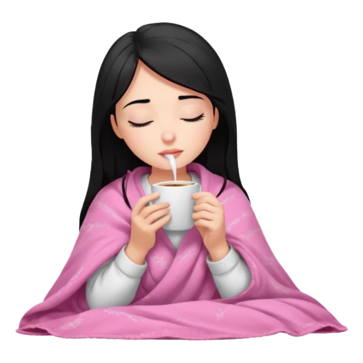 black haired girl inside a pink blanket sipping coffee with eyes closed and lashes sticker