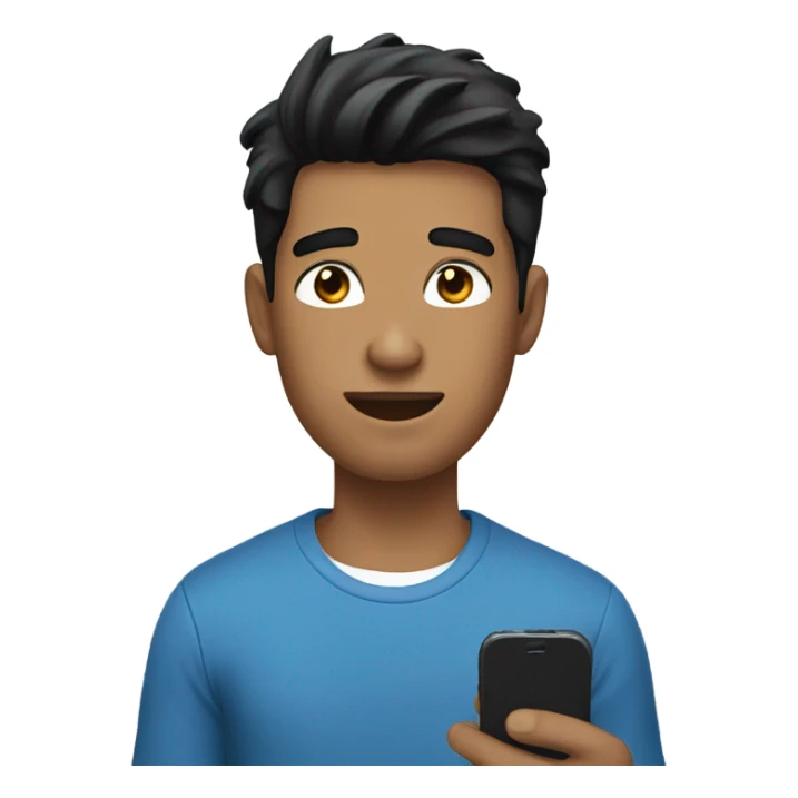 A young man with black hair, wearing a blue top, holding a phone in his hand. sticker