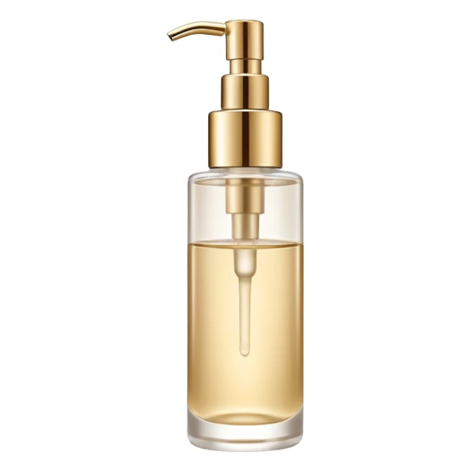 elegant semi-transparent pump bottle filled with pale golden to clear liquid, slightly glossy and lightweight, cylindrical bottle with curved pump top and clean lines, skincare product style, no label, no extras, soft lighting, subtle shadows, emoji scale sticker