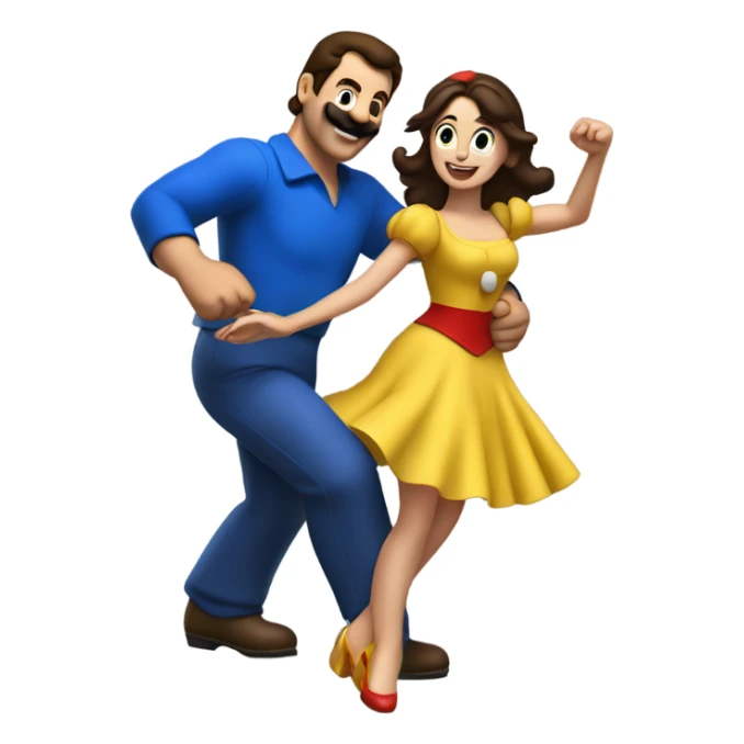 Brunette Woman dancing with a man wearing a giant Mario costume head sticker