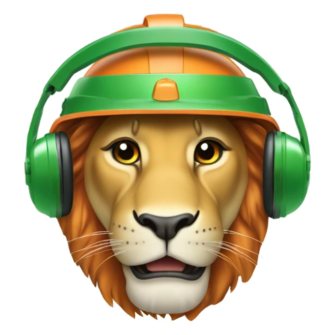 Head of a Lion wearing safety helmet with headset looking front-right in green and orange theme  sticker