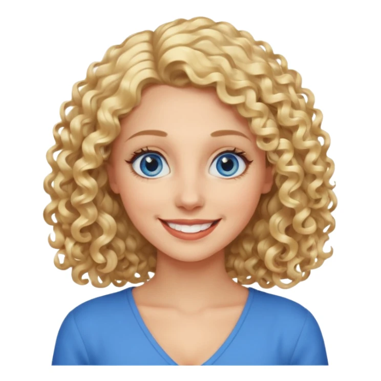 Woman with blonde curly shoulder-length hair, big blue eyes, wide smile sticker