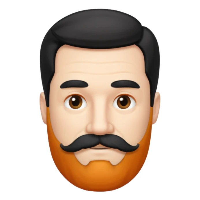 50 yr old white man, pale skin black hair with some grey highlights, side swept part, groomed moustache and beard sticker