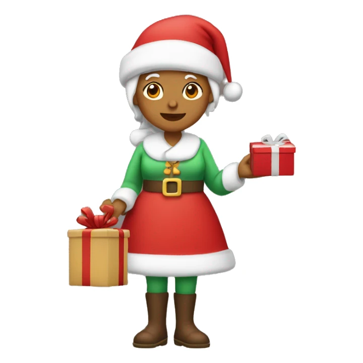 Mrs. claus wearing a red slack holding a gift  sticker