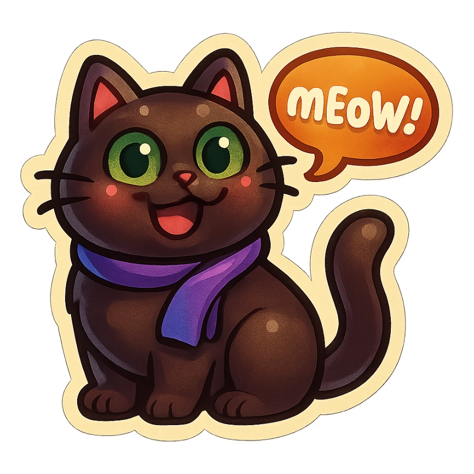 Fluffy cute derpy silly smiling happy funny dark-brown cat with green eyes and a purple scarf saying ‘mEoW~!’ (With a speech bubble) sticker