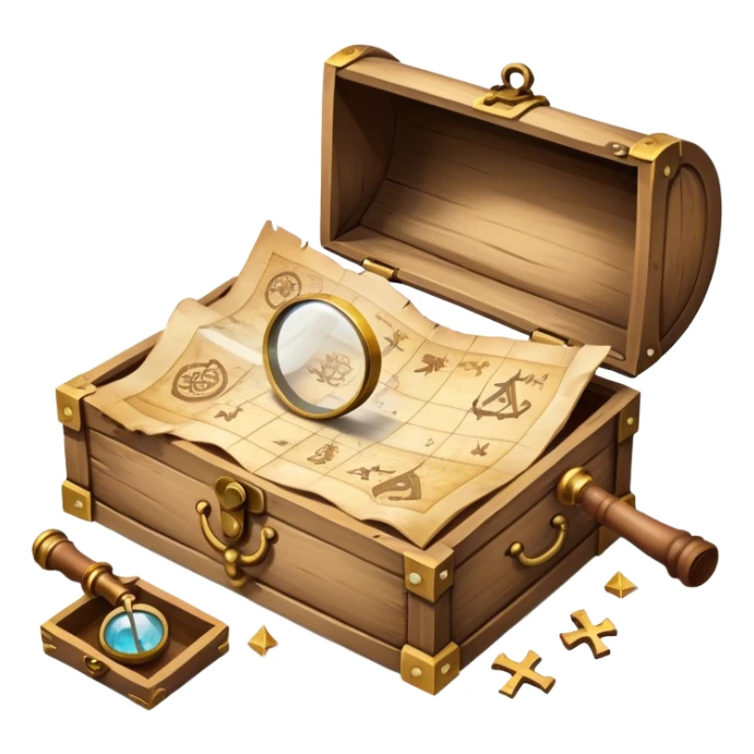 An icon depicting a treasure map with an open chest, surrounded by clues and mysterious symbols. A magnifying glass hovers over the map, symbolizing the thrill of discovery and adventure. Set on a transparent background, it should evoke the excitement of solving puzzles and exploring new worlds. sticker