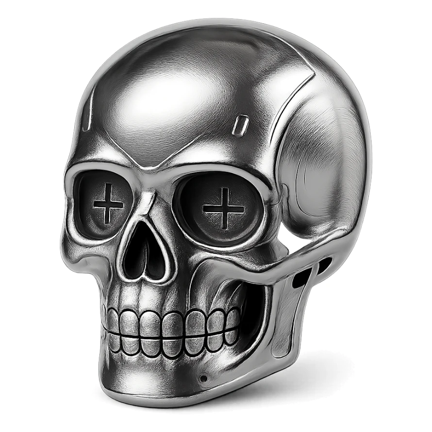 polished chrome skull emoji, reflecting light with clean industrial metallic texture, futuristic alloy style sticker