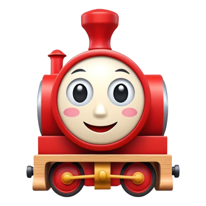 A cute wooden toy train with a cheerful face and rosy cheeks sticker