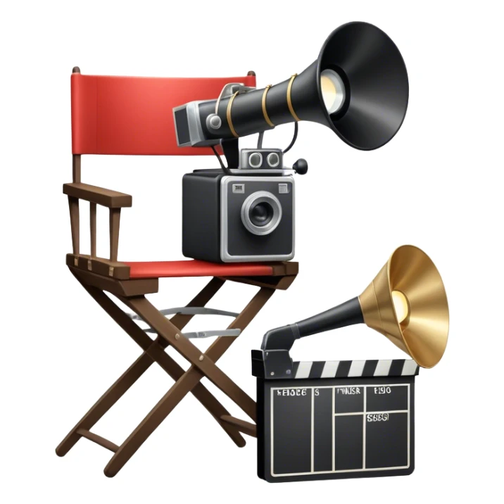 Icon for Directing: a director's chair, a film clapperboard, large movie camera, vintage megaphone and a stage with a spotlight. The icon should represent the creative and organizational aspects of directing, with focus on storytelling, staging, and performance. Transparent background. sticker