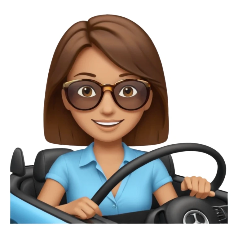 Brown hair woman driving car. Happy face sticker