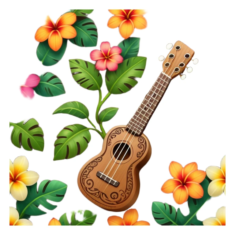 Ukulele with Polynesian carvings with flowers behind it sticker