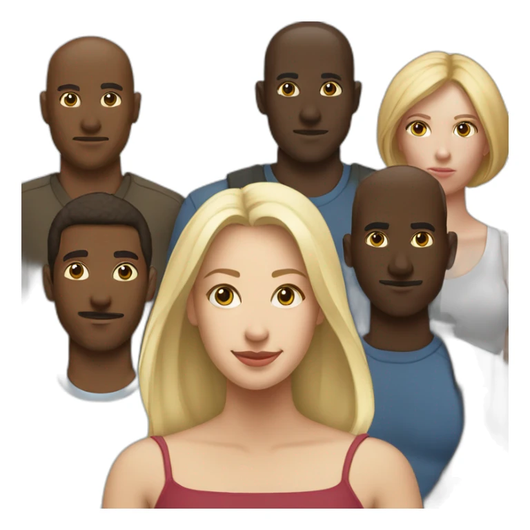 six dark-skinned men stand behind a pale blonde woman sticker