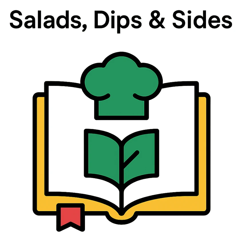 Add the title 'Salads, Dips & Sides' in a clean, modern font above the green elegant logo with a chef hat and open book on the cookbook background. Ensure the text is readable and harmonious with the design in the color outline style. sticker