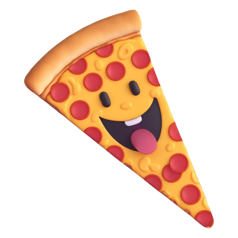 A pizza slice with a happy face, pepperoni, and cheese sticker