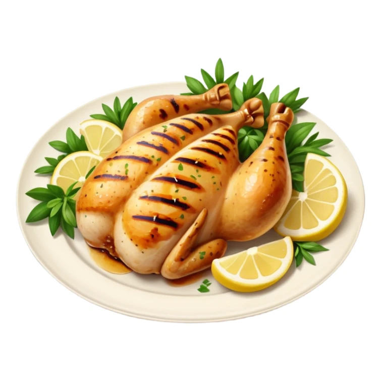 Draw a grilled chicken on a plate with herbs & lemon slices. sticker