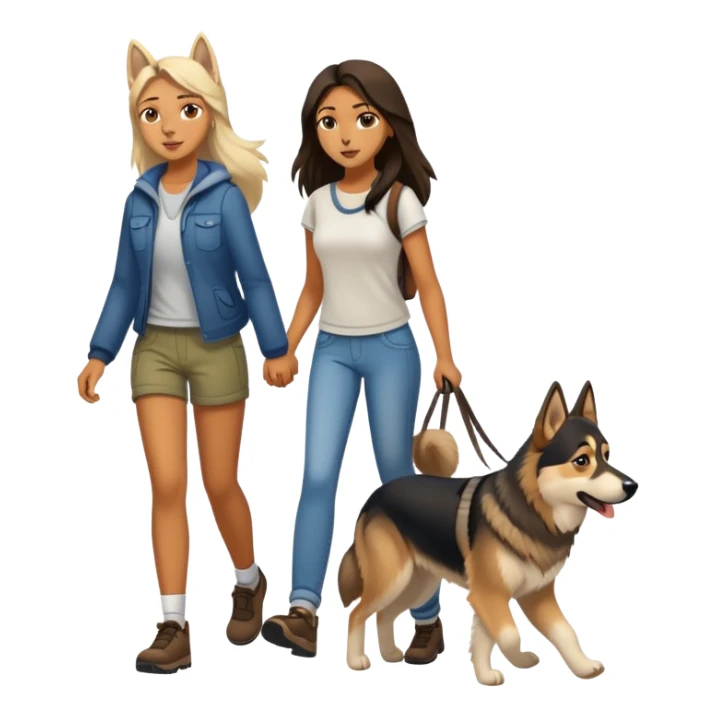 A long-haired girl walking a husky and a German shepherd sticker
