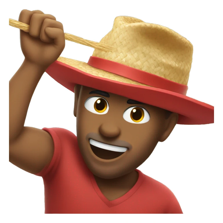 Guy with a red top and a straw hat punching the sky sticker