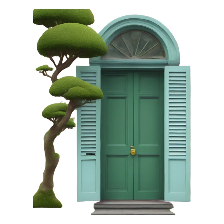 full view on a pink 19th century villa with dark green window frames and light blue door and moss green window shutters sticker