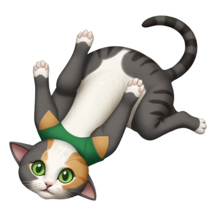 dark grey cat with green eyes, white toes/paws and white patch on her chest playfully rolling upside down sticker