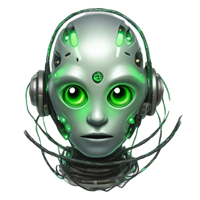 Round Alien cyborg head with glowing wires and green eyes  sticker
