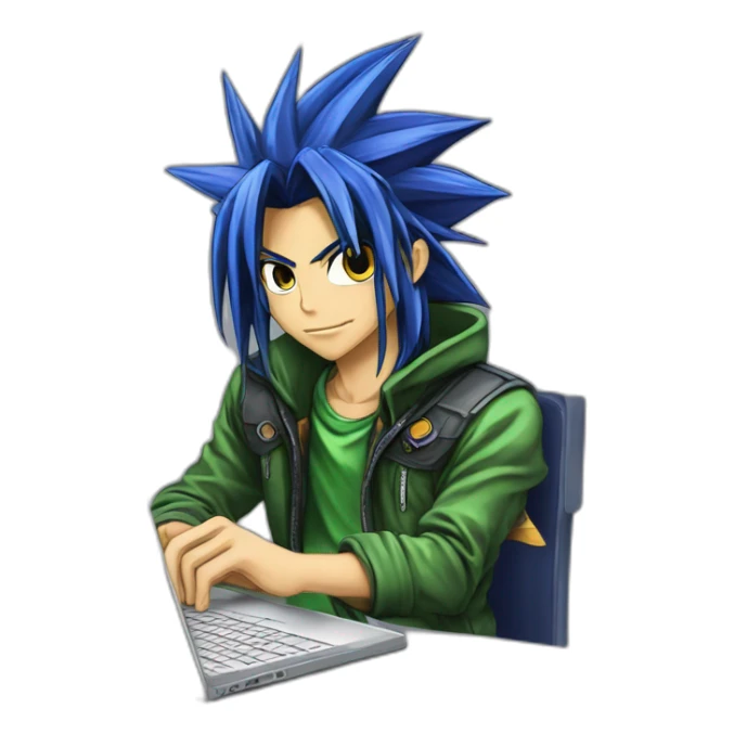 developer behind his laptop with this style :  yu-gi-oh manga anime with hacker themed character sticker