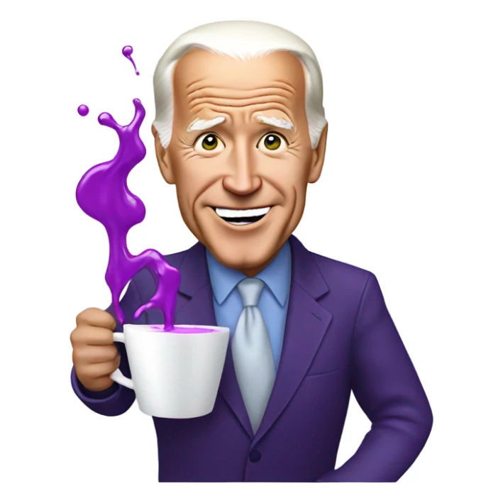 biden with purple liquid spilling out of white cup sticker