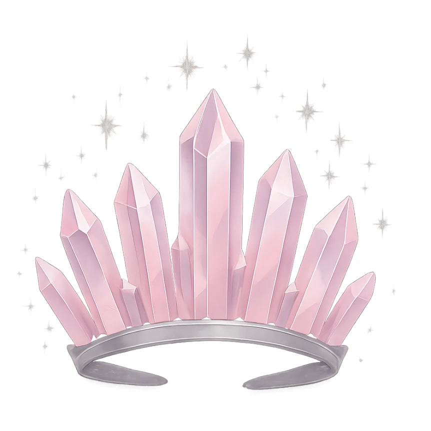 crystal crown in pastel pink with silver highlights, surrounded by magical sparkling aura, transparent background sticker