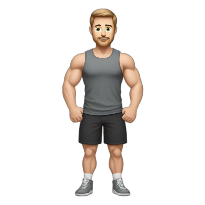 Full height realistic Actively gesturing with hands Pale skinned Fit Man With the biceps and brown hair in dark gray Sleeveless Mike, black oversize sports shorts, watch and white Sneakers sticker