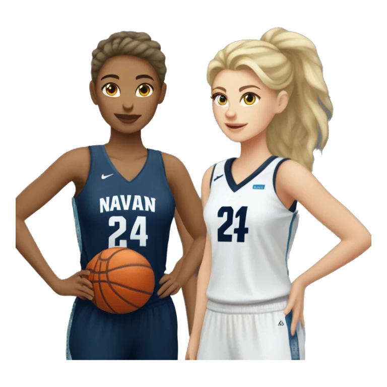 Basketball beautiful white female player from the back with navy blue jersey that has the number 24 holding a basketball on the side sticker