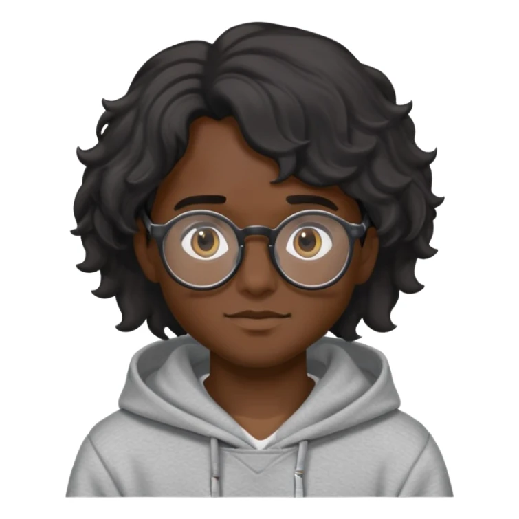 Um garoto de cabelo preto e médio e ondulado com um óculos preto redondo e um moletom cinza.  sticker
