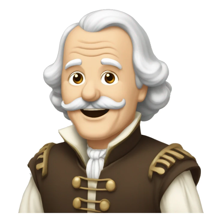 Short pudgy old man over enthusiastic happy excited face bald forehead long wavy gray and brown brunette long wavy hair moustache Shakespearean dress vintage clothes hamlet small arms sticker