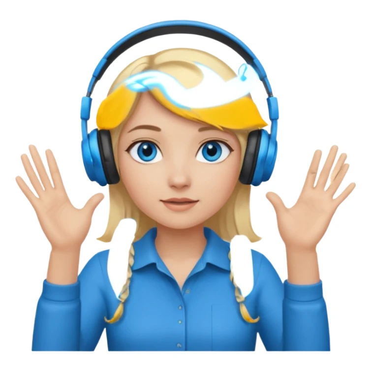 girl with blonde hair and blue eys with heands telling what, having heaphones on head sticker
