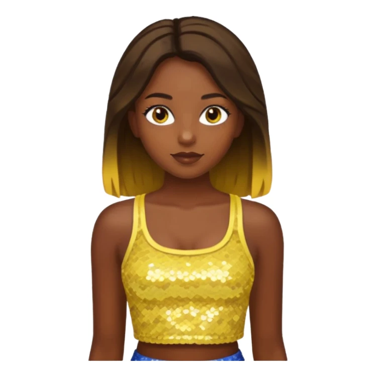 Sasha from Bratz with long light dark brown hair, dark skin, hazel eyes, yellow sequin crop top sticker