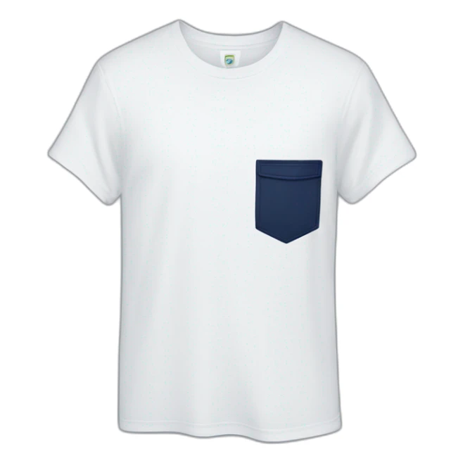 white tshirt with big navy letter r on breast pocket sticker